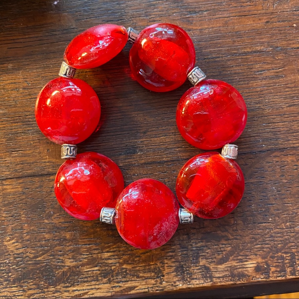 Red glass stone and silver bead stretch bracelet